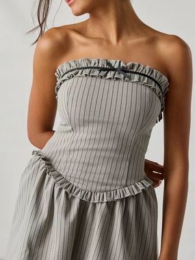 Urban Outfitters Strapless Ruffle-Trim Ribbed Dress in Light Gray